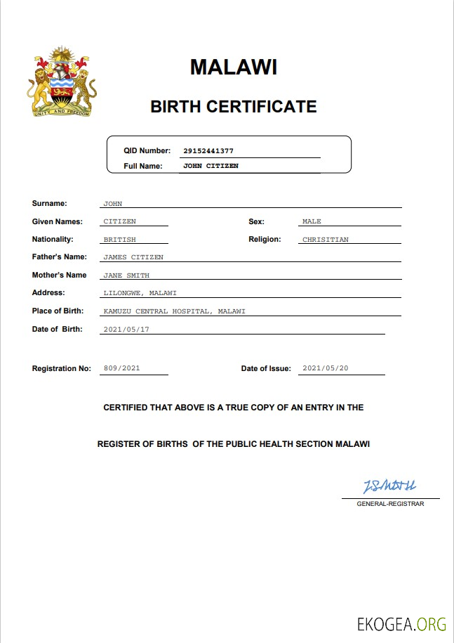 Modèle Word et PDF d'acte de naissance du Malawi, entièrement modifiable